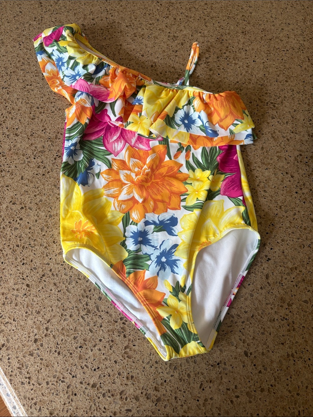 Janie and Jack Yellow Orange Pink Floral One-Shoulder Ruffle Swimsuit nwot